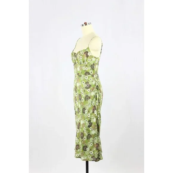 Aritzia WILFRED Bellow Green Floral Crepe Gathered Bust Midi Slip Dress, Size 2 - Picture 4 of 15